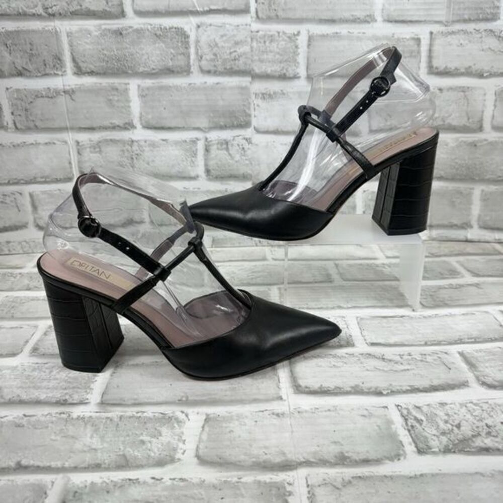 Deltan Women's 8 Black Leather T-Strap Slingback Pointed Toe Block Heel Shoes